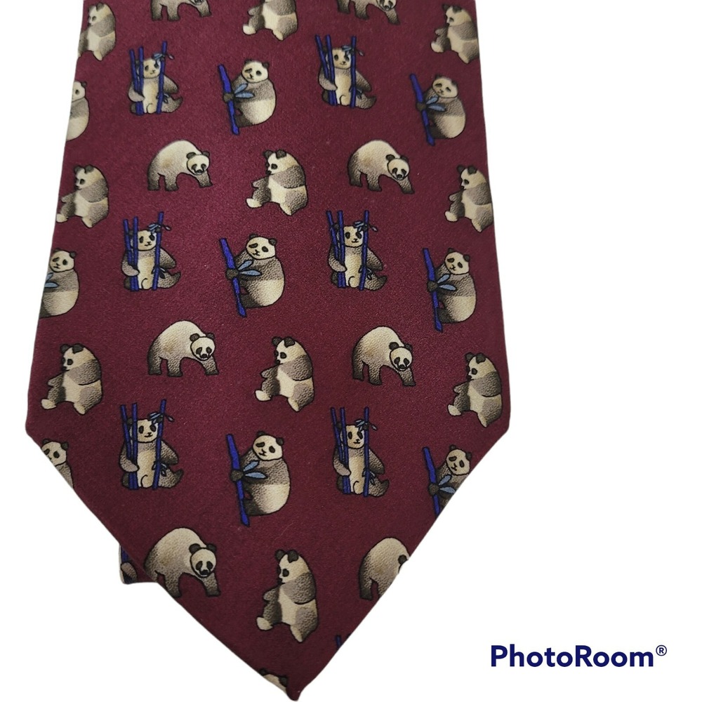 The Nature Conservancy Panda Bear Burgundy Tie 100% Imported‎ Silk Hand Made